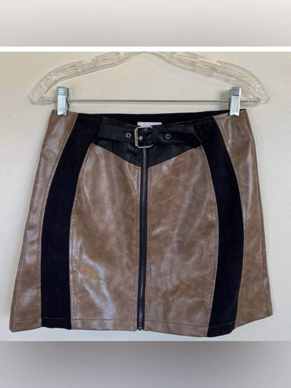 Pink Lily Taupe and Black Faux Leather Panel Mini Skirt